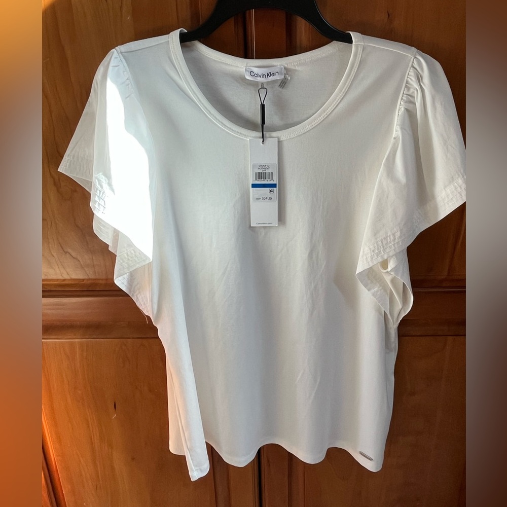 NWT Calvin Klein cotton modal jersey ruffle sleeve shirt sz XL soft white color